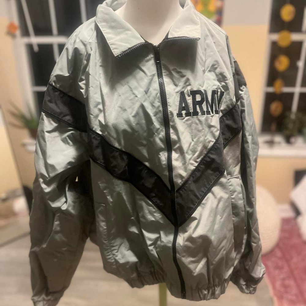 Gray and black vintage windbreaker jacket with black diagonal stripe and 'ARMY